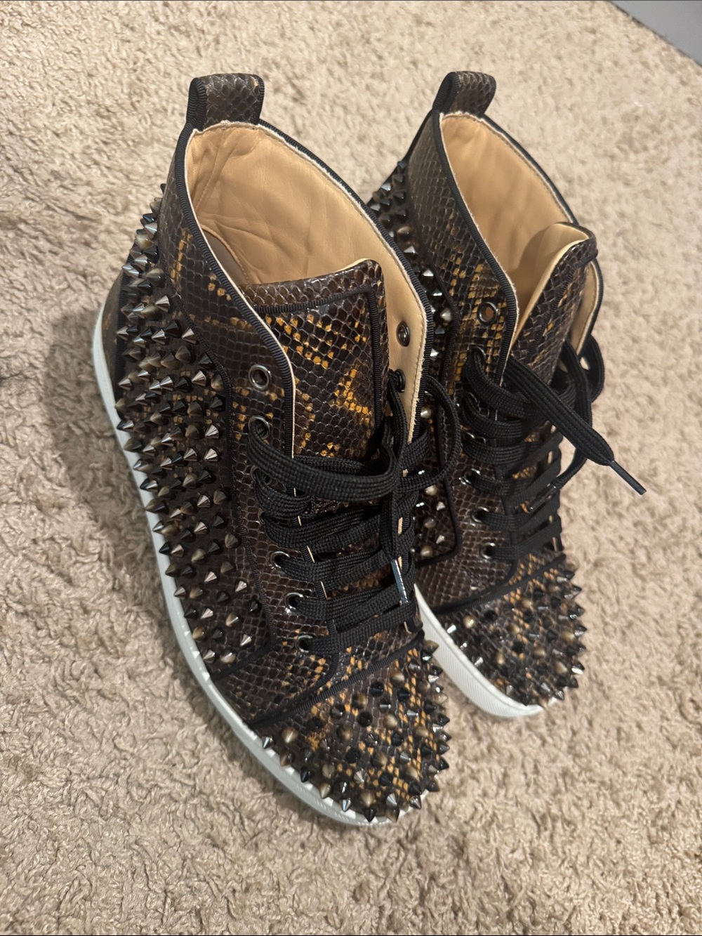 Christian Louboutin Brown Snake-Print Spiked High-Top Sneakers